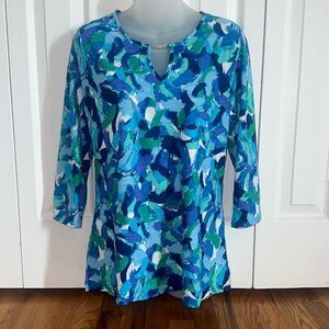 Kate Park 3/4 Sleeve Teal Blue DRESSY Top Blouse Shirt Peep Hole Small S NWT